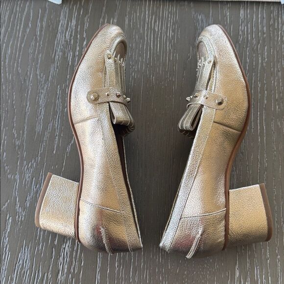 Franco Sarto Gold Block Heel Loafers Fringe Studs Embellished Shoes Size 6.5 EUC - Picture 10 of 12